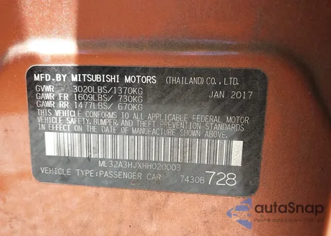 2017 Mitsubishi Mirage Es из США, поврежденный, VIN ML32A3HJXHH020003